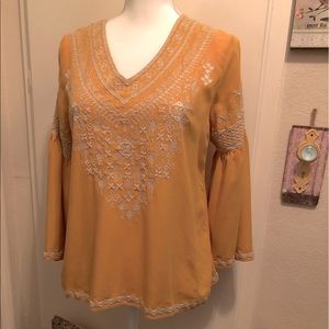 Bohemian Chelsea and Theodore Mustard Yellow Rayon Peasant Top! Size Small